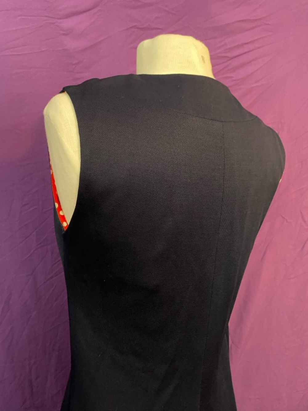 Vintage 70s Young Edwardian Navy Sleeveless Duster with Red Polka Dot Buttons - Picture 7 of 8